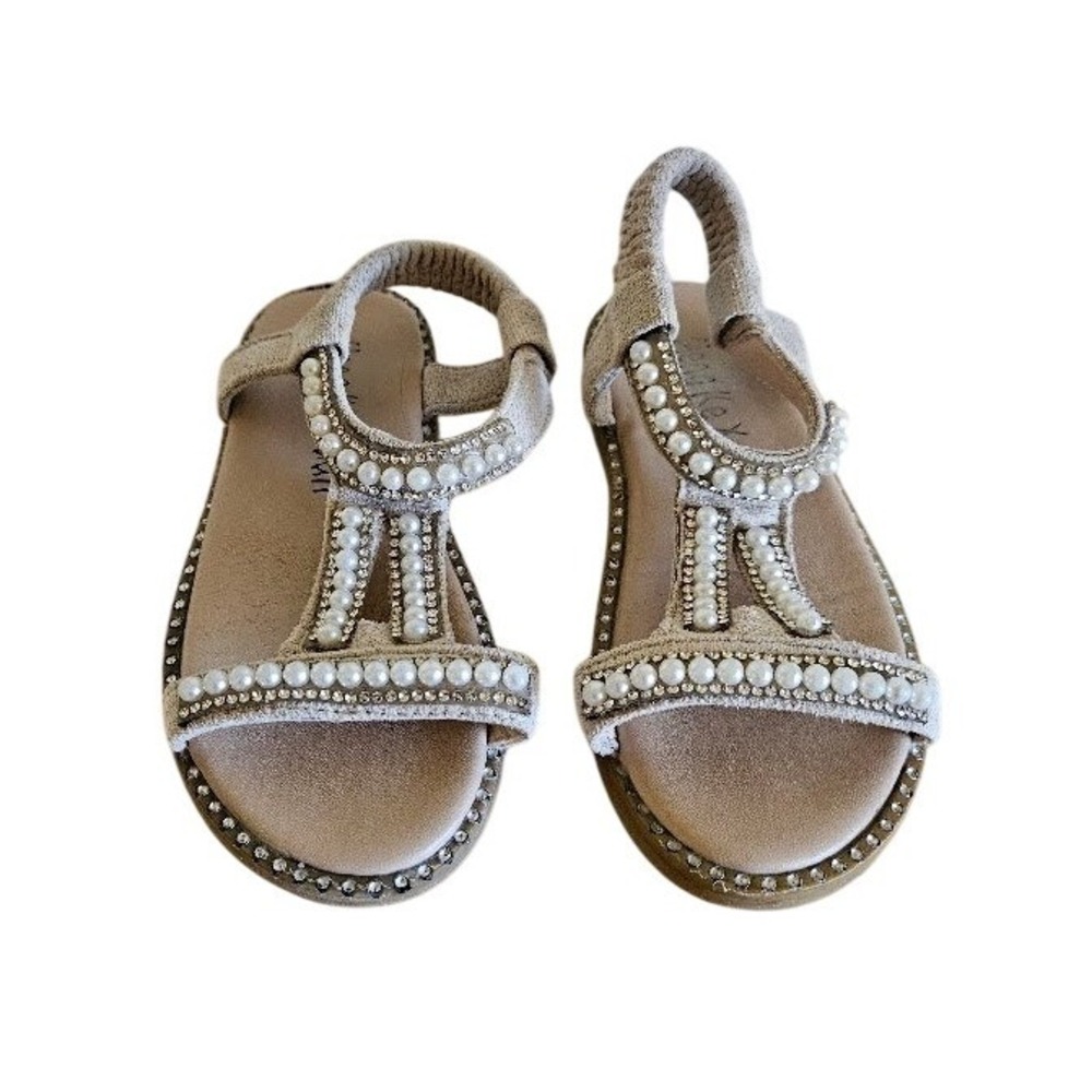 Meng Ke Xuan Girls Pearl Rhinestone 8.5 Embellished Dress Sandals Beige Size 25
